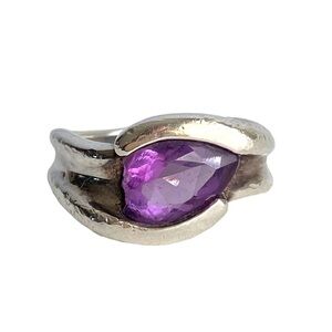 Vintage Cocktail Ring Amethyst Sterling Silver Bypass Band Purple Gemstone 7.75